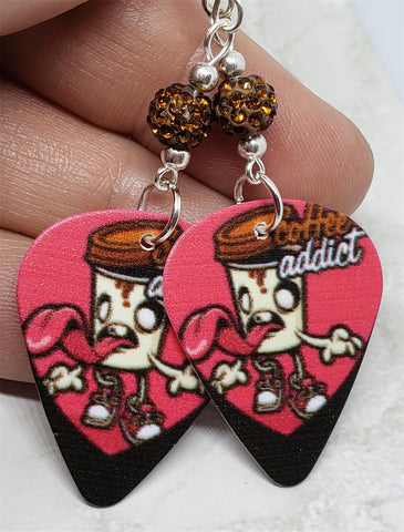 Coffee Addict Guitar Pick Earrings with Brown Pave Beads