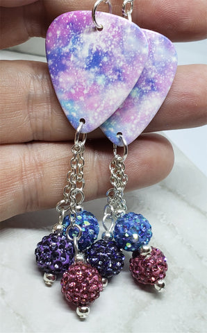 Beautiful Purple, Blue and Pink Guitar Pick Earrings with Pave Bead Dangles