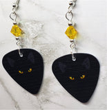 Black Cat with Yellow Eyes Guitar Pick Earrings with Golden Yellow Swarovski Crystals