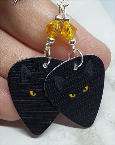 Black Cat with Yellow Eyes Guitar Pick Earrings with Golden Yellow Swarovski Crystals