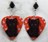 Black Cat Kitten Guitar Pick Earrings with Black Swarovski Crystals