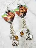 Gorgeous Horse Guitar Pick Earrings with Silver Horse Charm and Swarovski Crystal Dangles