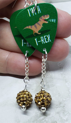 I'm a T-Rex Rawr Guitar Pick Earrings with Tan Pave Bead Dangles