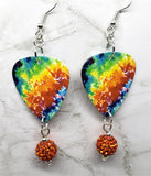 Colorful Tie Dye Guitar Pick Earrings with Orange Pave Bead Dangles