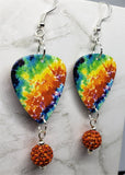 Colorful Tie Dye Guitar Pick Earrings with Orange Pave Bead Dangles