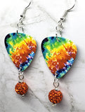 Colorful Tie Dye Guitar Pick Earrings with Orange Pave Bead Dangles