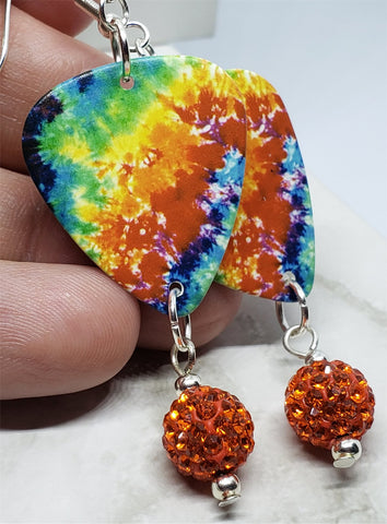Colorful Tie Dye Guitar Pick Earrings with Orange Pave Bead Dangles