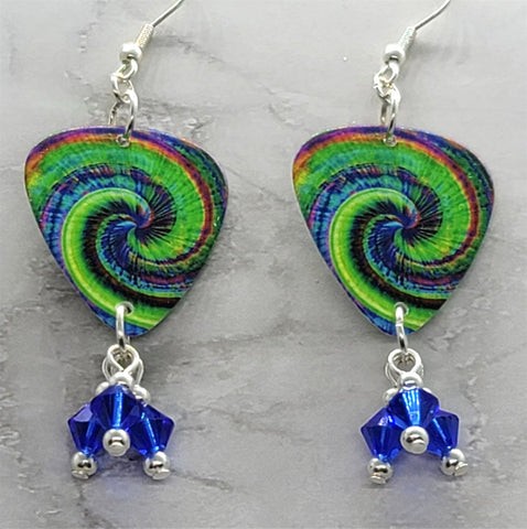 Swirling Tie Dye Guitar Pick Earrings with Blue Swarovski Crystal Dangles