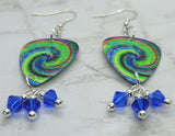 Swirling Tie Dye Guitar Pick Earrings with Blue Swarovski Crystal Dangles