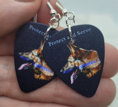 Protect and Serve German Sheperd with Blue Line Police Support Guitar Pick Earrings