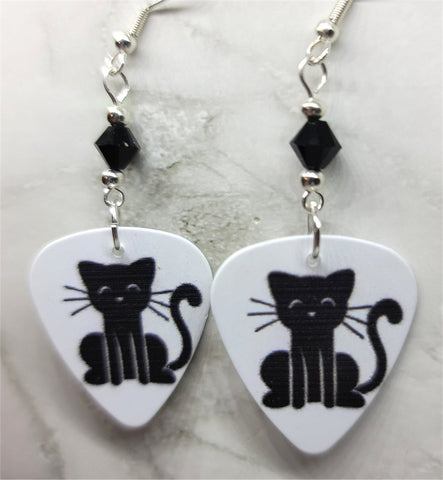 Black Cat Guitar Pick Earrings with Black Swarovski Crystals
