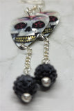 White Skull with Fuchsia and Black Deco Guitar Pick Earrings with Black Pave Dangles