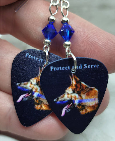 Protect and Serve German Sheperd with Blue Line Police Support Guitar Pick Earrings with Blue Swarovski Crystals