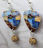 Van Gogh The Langlois Bridge at Arles with Women Washing Guitar Pick Earrings with Tan Pave Bead Dangle