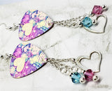 Colorful Heart Pattern Guitar Pick Earrings with Heart Charms and Swarovski Crystal Dangles