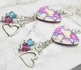 Colorful Heart Pattern Guitar Pick Earrings with Heart Charms and Swarovski Crystal Dangles