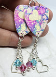 Colorful Heart Pattern Guitar Pick Earrings with Heart Charms and Swarovski Crystal Dangles