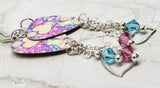 Colorful Heart Pattern Guitar Pick Earrings with Heart Charms and Swarovski Crystal Dangles