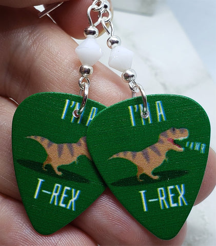I'm a T-Rex Rawr Guitar Pick Earrings with White Swarovski Crystals