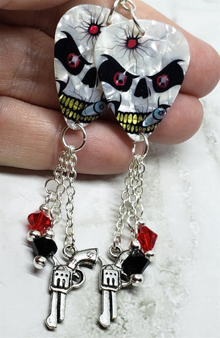 Skull with Bullet Hole Guitar Pick Earrings with Gun Charm and Swarovski Crystal Dangles