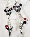 Skull with Bullet Hole Guitar Pick Earrings with Gun Charm and Swarovski Crystal Dangles