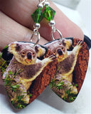 Koala Bear Clinging to a Tree Guitar Pick Earrings with Green Swarovski Crystals