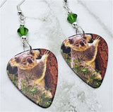 Koala Bear Clinging to a Tree Guitar Pick Earrings with Green Swarovski Crystals