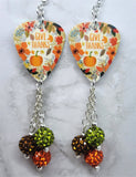 Give Thanks Autumnal Scene Guitar Pick Earrings with Pave Bead Dangles