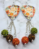 Give Thanks Autumnal Scene Guitar Pick Earrings with Pave Bead Dangles