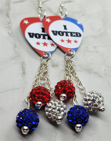 I Voted Guitar Pick Earrings with Red, White and Blue Pave Bead Dangles
