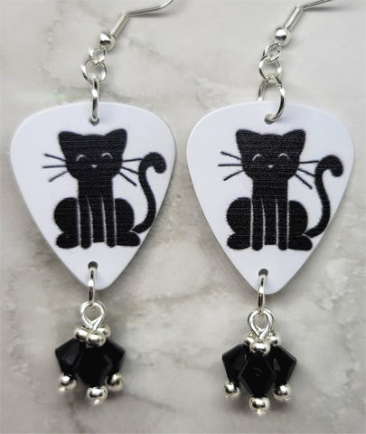 Black Cat Guitar Pick Earrings with Black Swarovski Crystal Dangles
