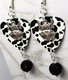 Cow Print Guitar Pick Earrings with Cow Charms and Black Pave Bead Dangles