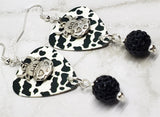 Cow Print Guitar Pick Earrings with Cow Charms and Black Pave Bead Dangles
