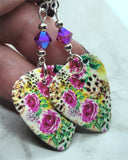 Leopard and Flower Printed Guitar Pick Earrings with Fuchsia ABx2 Swarovski Crystals