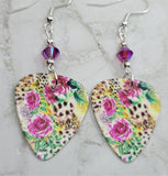 Leopard and Flower Printed Guitar Pick Earrings with Fuchsia ABx2 Swarovski Crystals