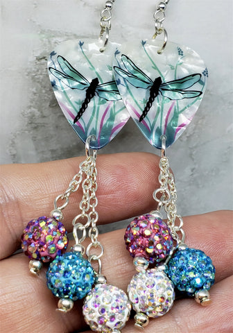 Dragonfly Guitar Pick Earrings with Pave Bead Dangles