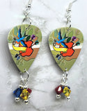 Old School Tattoo Style Sparrow and Apple Guitar Pick Earrings with Swarovski Crystal Dangles
