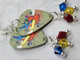 Old School Tattoo Style Sparrow and Apple Guitar Pick Earrings with Swarovski Crystal Dangles