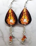 Electric Guitar in Flames Guitar Pick Earrings with Charm and Swarovski Crystal Dangles