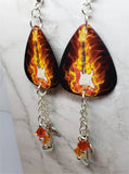 Electric Guitar in Flames Guitar Pick Earrings with Charm and Swarovski Crystal Dangles