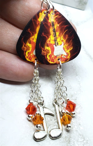 Electric Guitar in Flames Guitar Pick Earrings with Charm and Swarovski Crystal Dangles