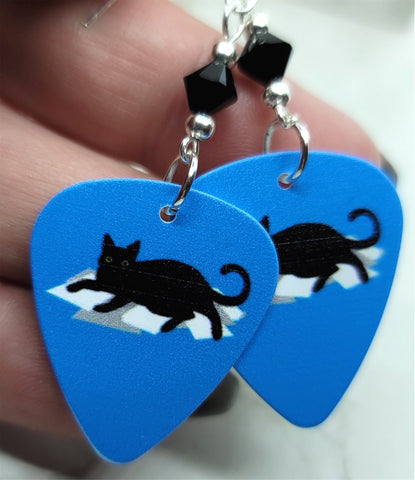 Black Cat on Paper Stack Guitar Pick Earrings with Black Swarovski Crystals