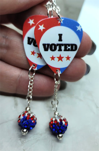 I Voted Guitar Pick Earrings with Red, White and Blue Pave Single Bead Dangles