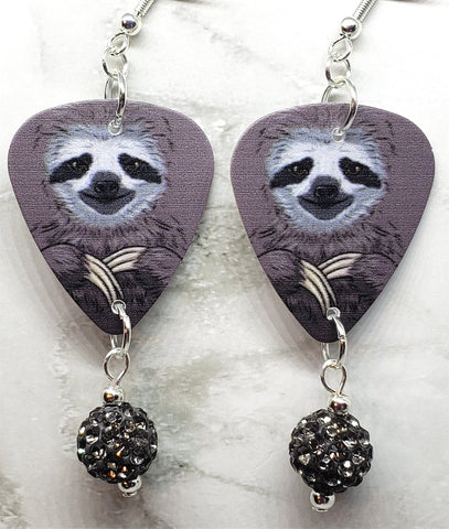 Sloth Guitar Pick Earrings with Gray Pave Bead Dangles