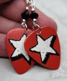White Star on Burnt Red Guitar Pick Earrings with Black Swarovski Crystals