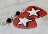 White Star on Burnt Red Guitar Pick Earrings with Black Swarovski Crystals