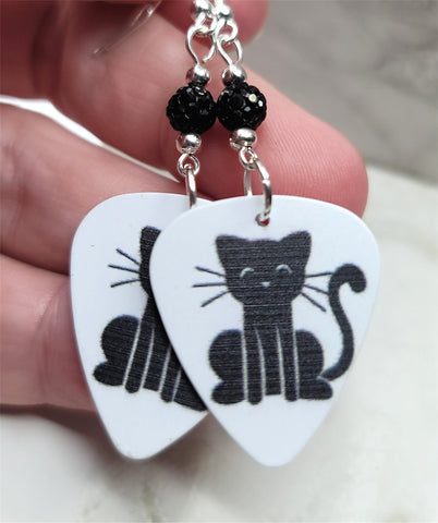 Black Cat Guitar Pick Earrings with Black Pave Beads