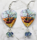 Van Gogh Fishing Boats on the Beach Guitar Pick Earrings with Swarovski Crystal Dangles