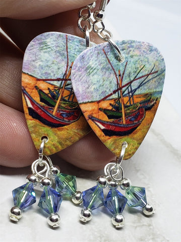 Van Gogh Fishing Boats on the Beach Guitar Pick Earrings with Swarovski Crystal Dangles