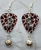 Mother and Baby Giraffe Charm on Giraffe Patterned Guitar Pick Earrings with Brown Ombre Pave Bead Dangles